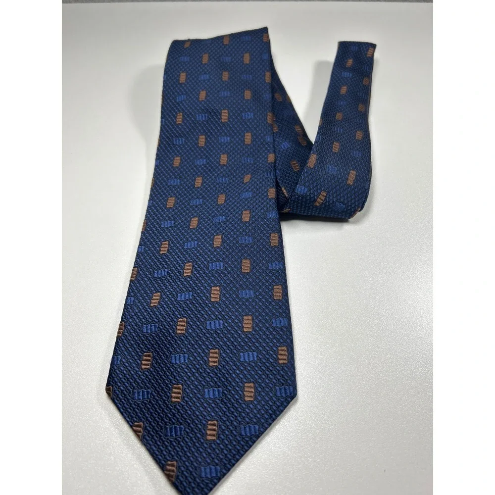 Luciano Barbera Mens Silk Tie Blue Brown Geometric Pattern Made in Italy Navy - Picture 5 of 6